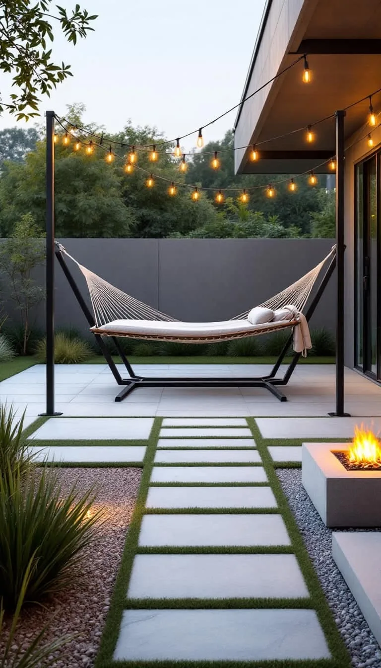 oversized hammock suspended between modern steel posts 1