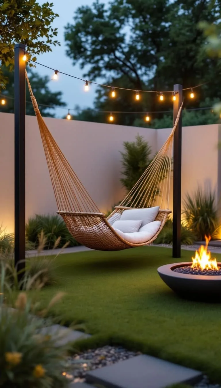 oversized hammock suspended between modern steel posts 1