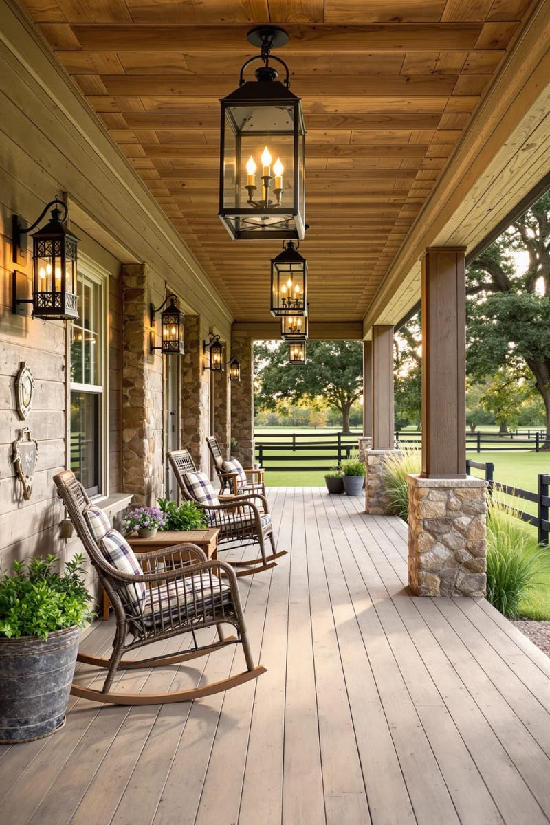 oversized rustic lanterns illuminating a wraparound ranch porch 1