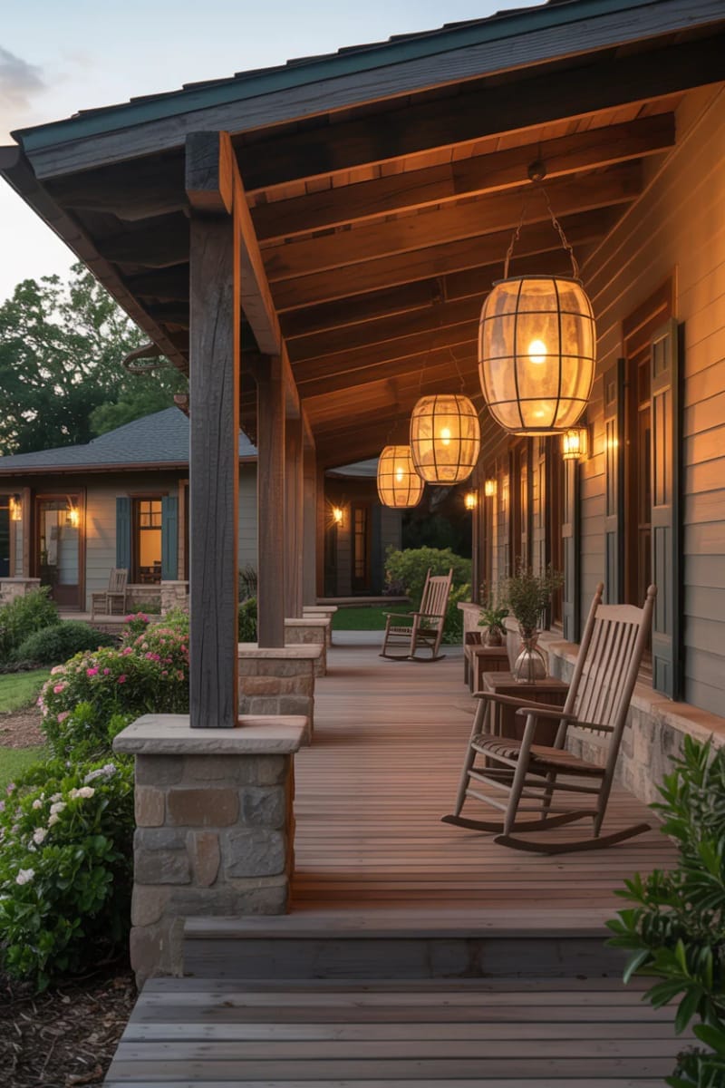 oversized rustic lanterns illuminating a wraparound ranch porch 1