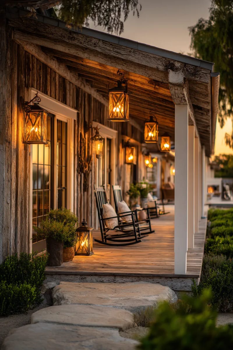 oversized rustic lanterns illuminating a wraparound ranch porch 1