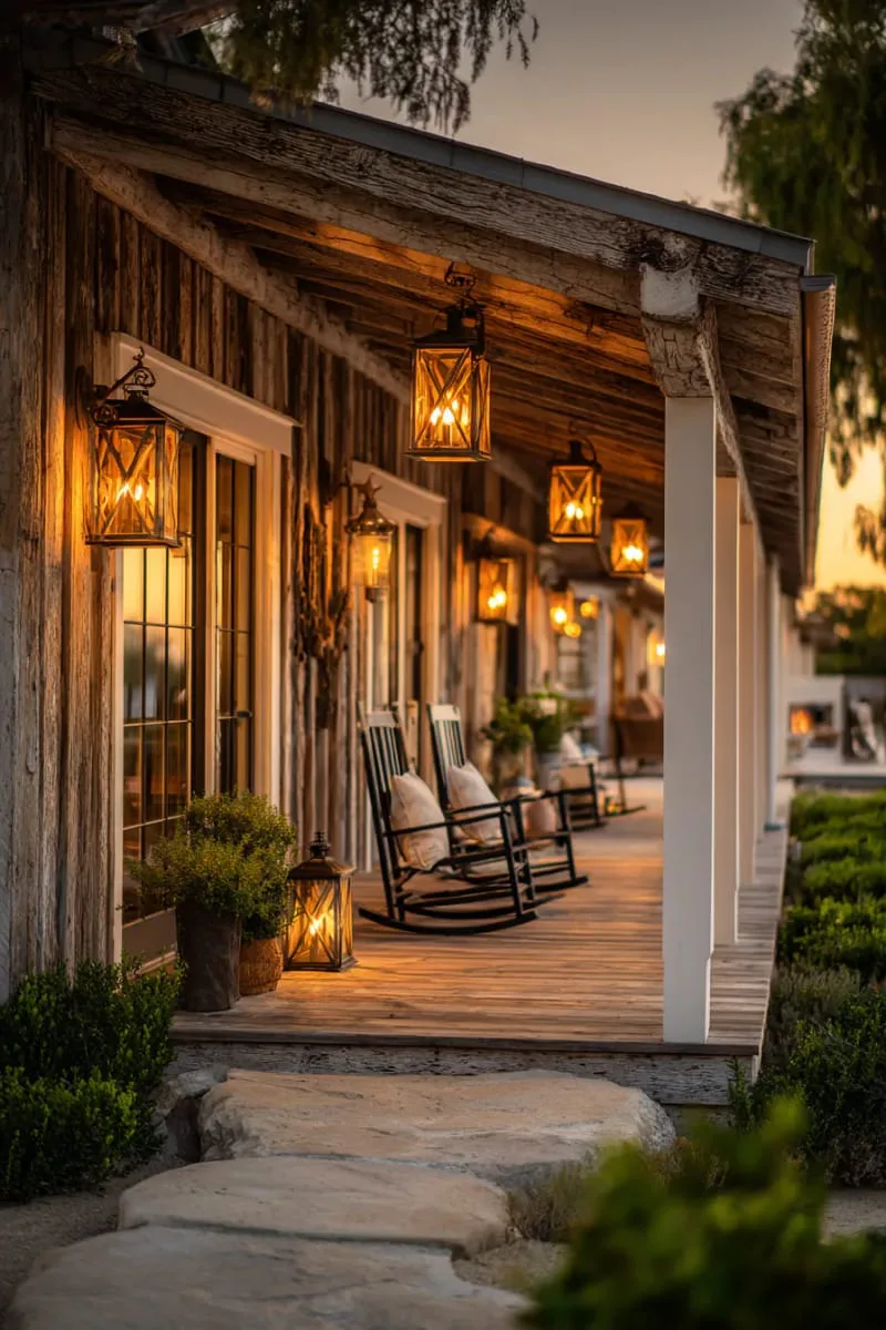 19 Ranch Style Home Exteriors to Inspire Your Next Makeover 46 oversized rustic lanterns illuminating a wraparound ranch porch 1