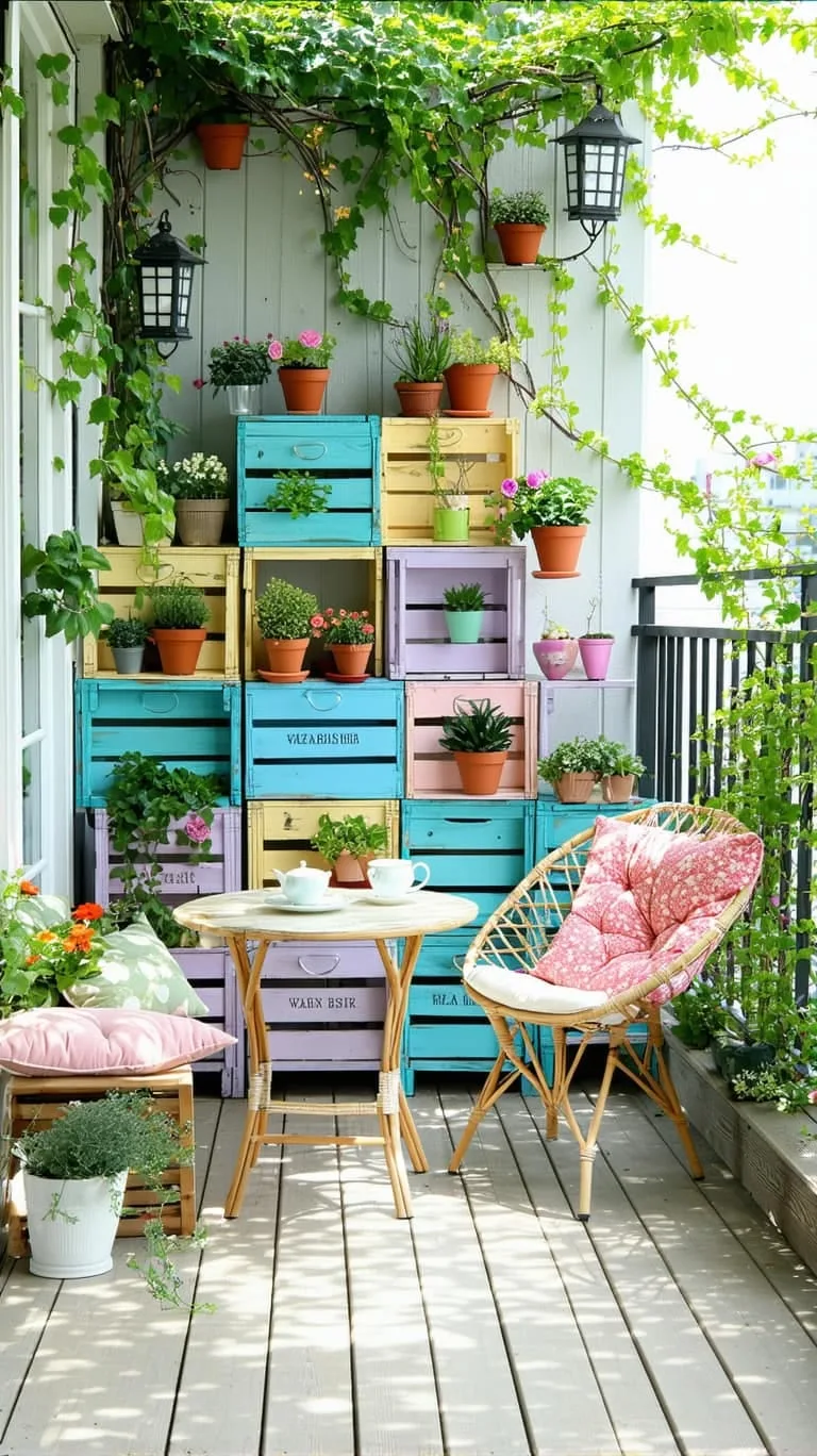 painted wooden crates stacked for eclectic shelving and plant display 1