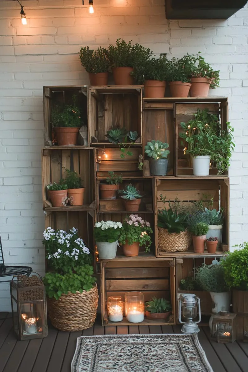 painted wooden crates stacked for eclectic shelving and plant display 1