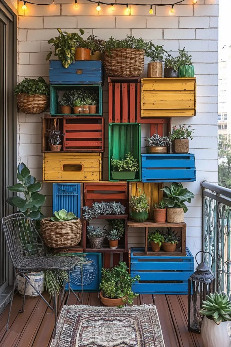 painted wooden crates stacked for eclectic shelving and plant display 1