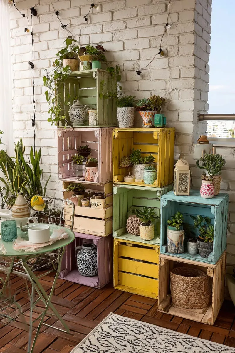 painted wooden crates stacked for eclectic shelving and plant display 1