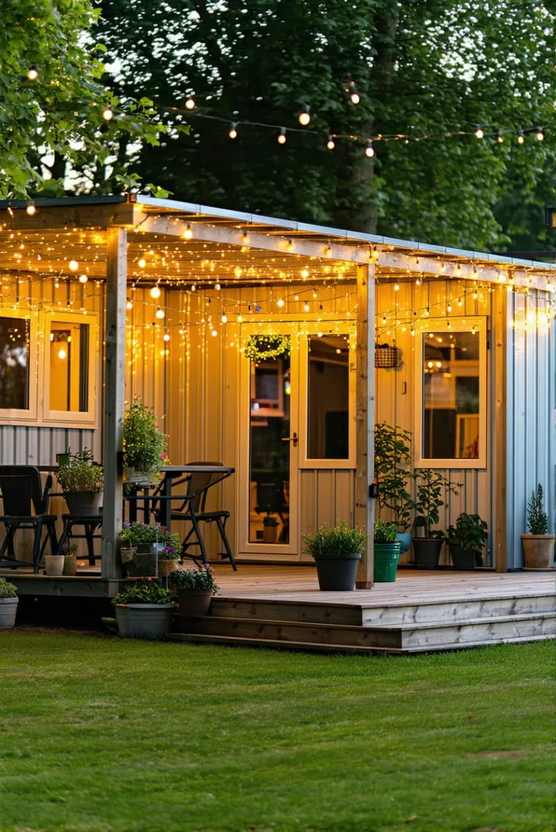 pergola-covered deck with hanging string lights and potted herbs 1
