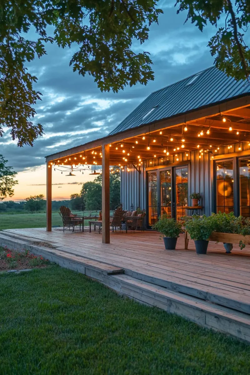 pergola-covered deck with hanging string lights and potted herbs 1