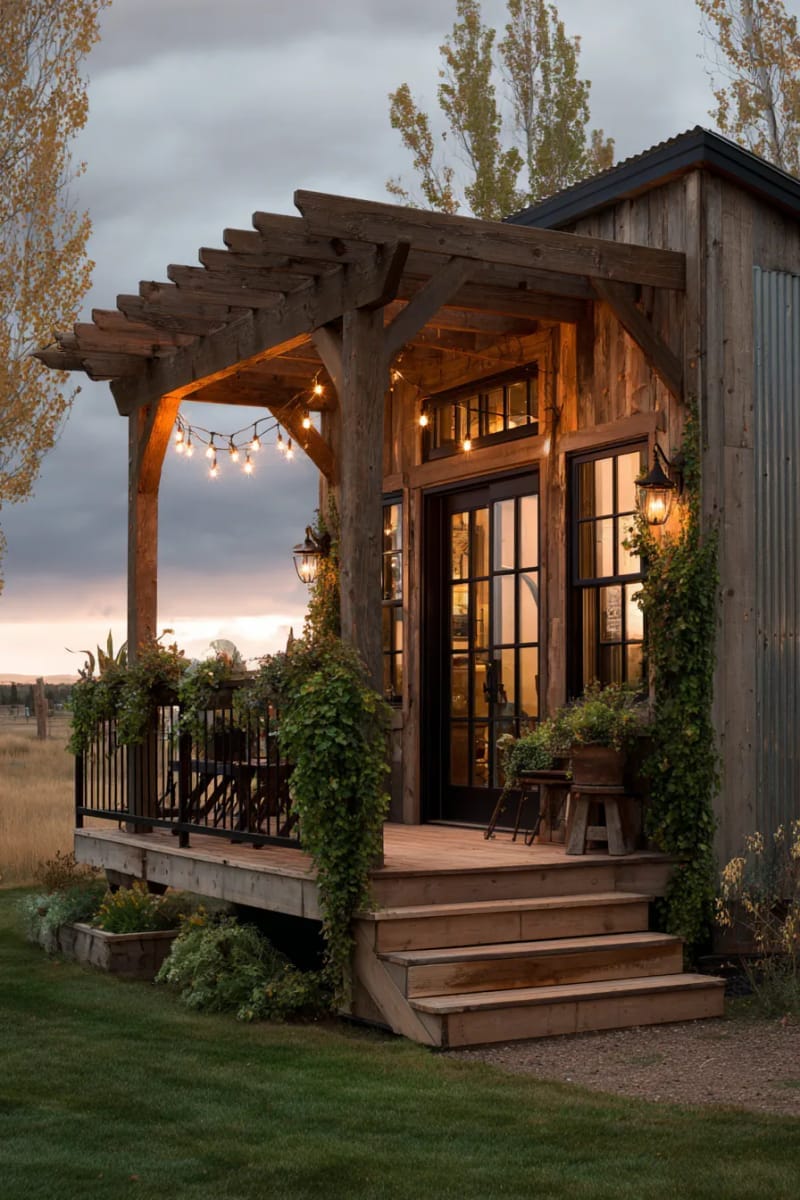 pergola-covered deck with hanging string lights and potted herbs 1
