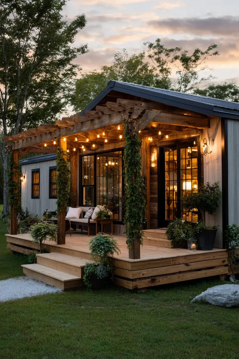 pergola-covered deck with hanging string lights and potted herbs 1