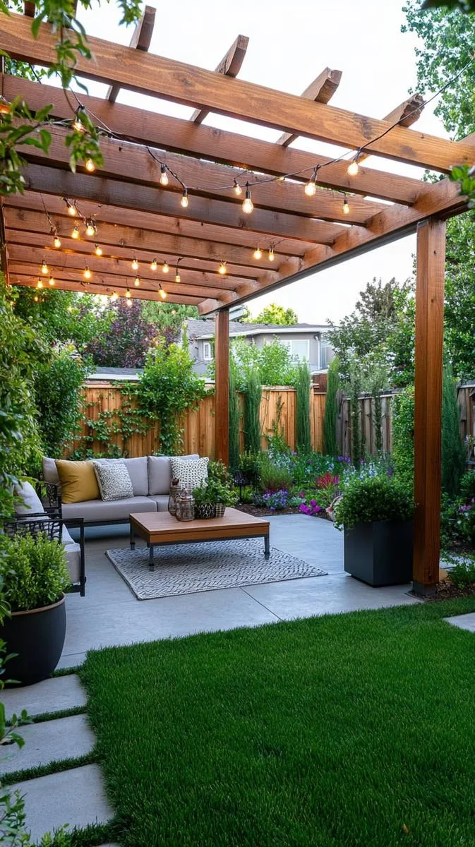 15 Smaller Backyard Landscaping Ideas That Maximize Space & Style 11 pergola-covered patio with small lounge area 1