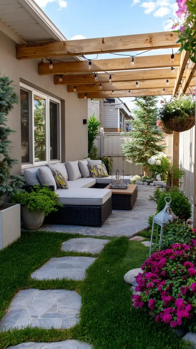 15 Smaller Backyard Landscaping Ideas That Maximize Space & Style 9 pergola-covered patio with small lounge area 1