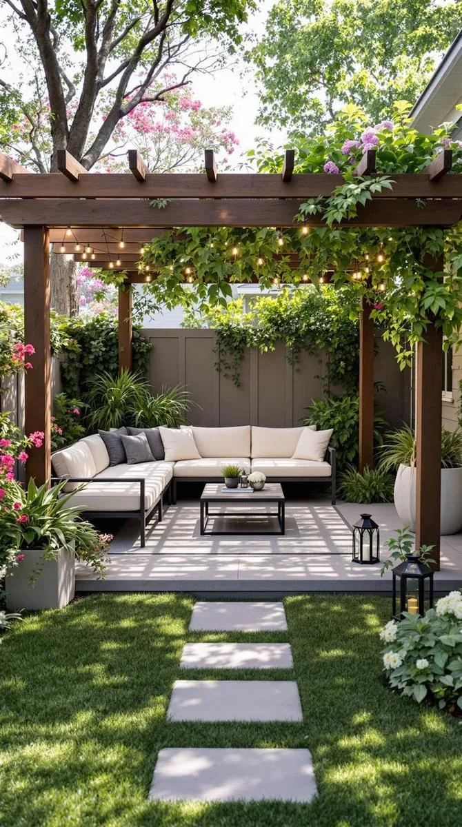 15 Smaller Backyard Landscaping Ideas That Maximize Space & Style 10 pergola-covered patio with small lounge area 1