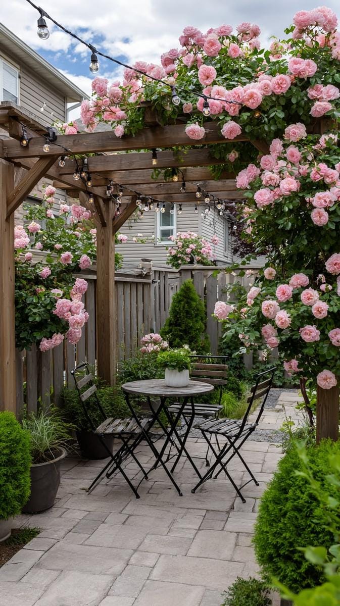pergola draped with climbing roses and string lights 1