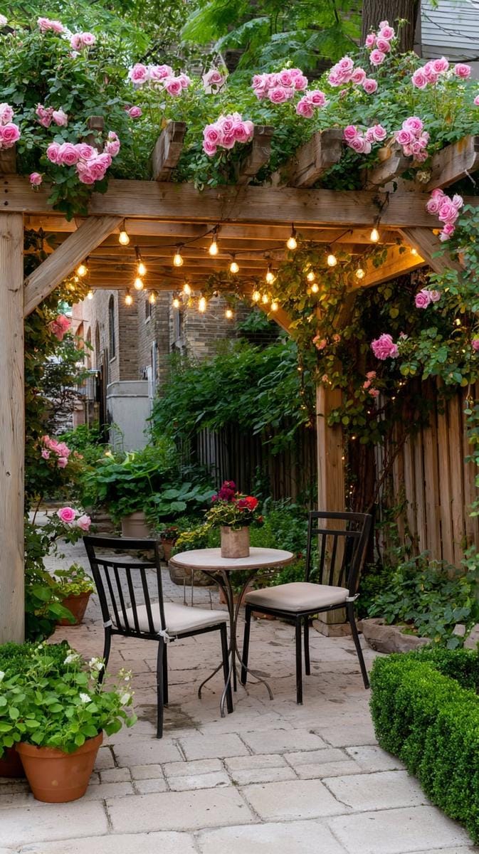pergola draped with climbing roses and string lights 1