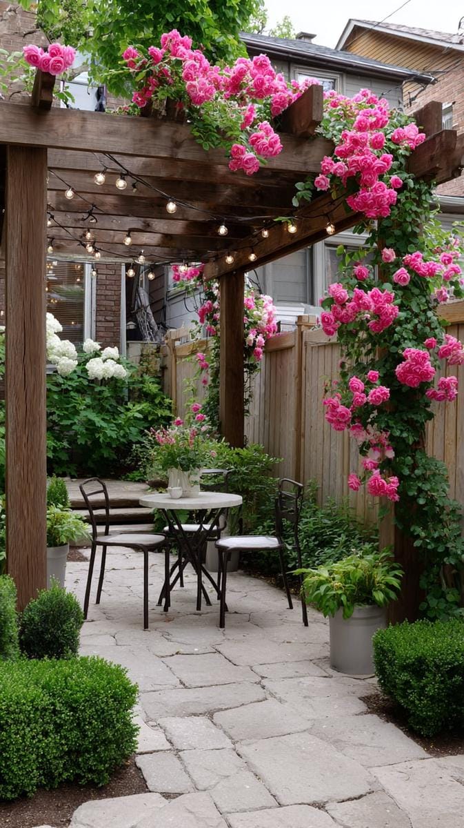 pergola draped with climbing roses and string lights 1