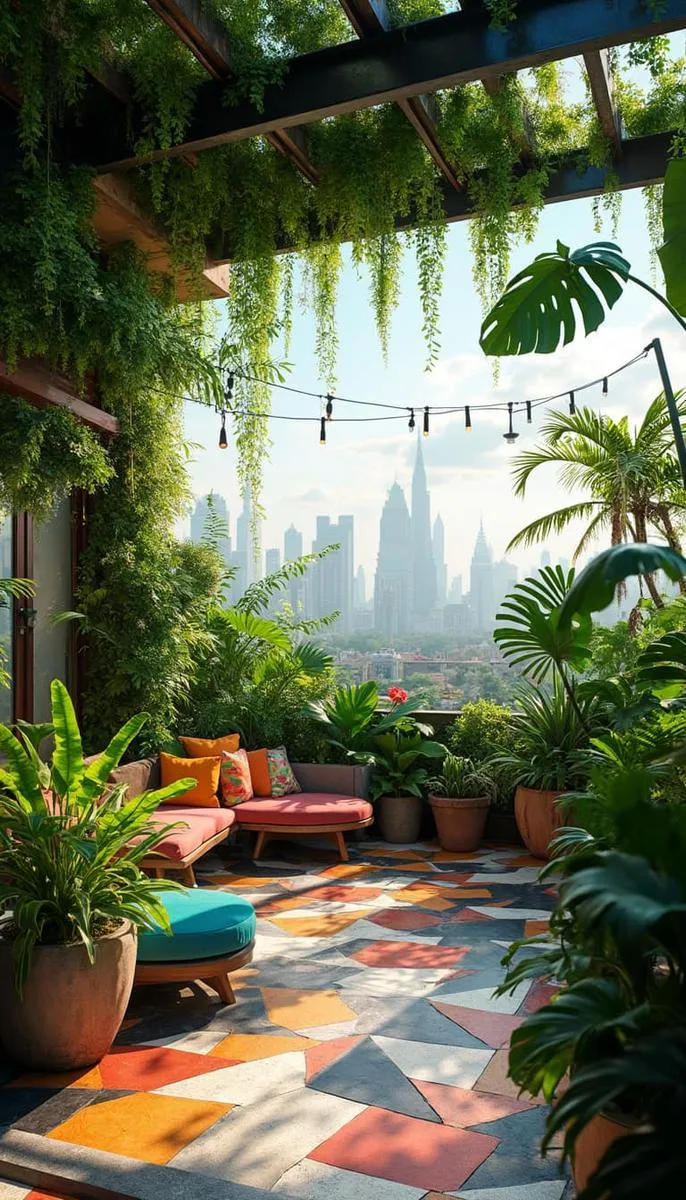 plant-filled urban jungle with hanging ferns and geometric tile flooring 1