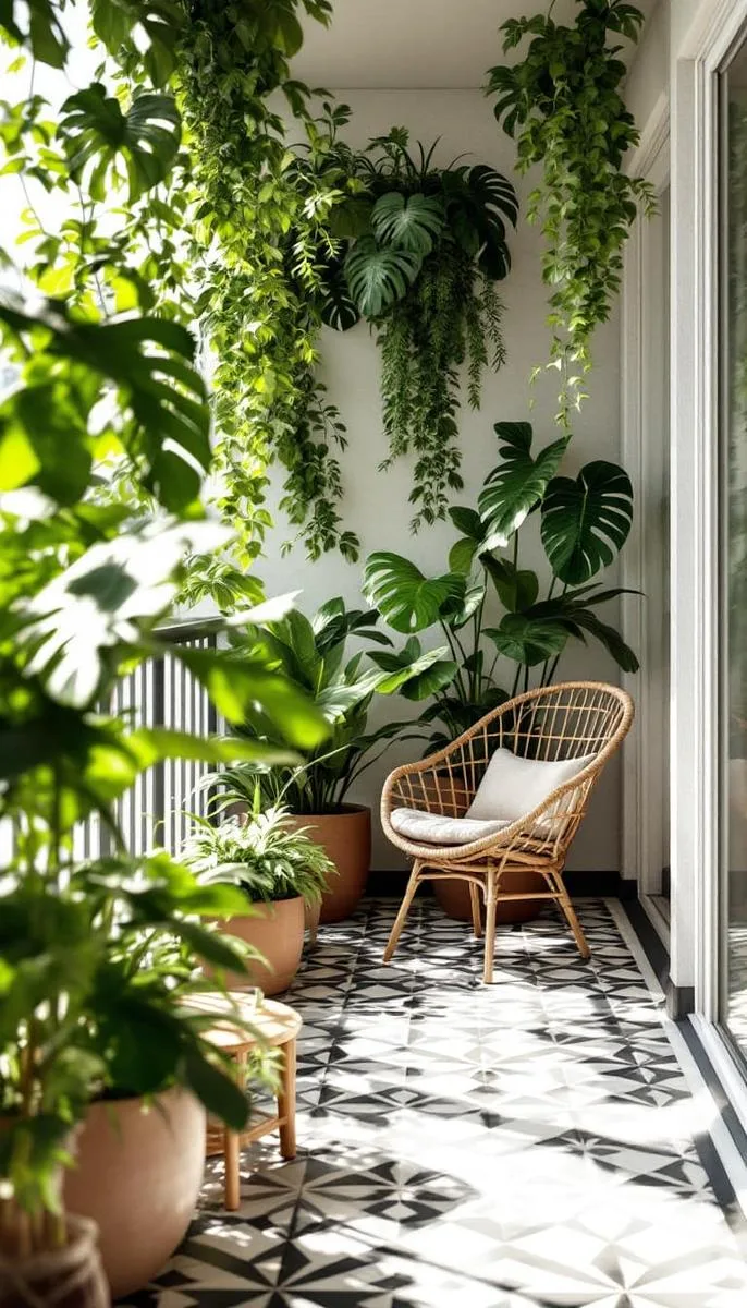 plant-filled urban jungle with hanging ferns and geometric tile flooring 1