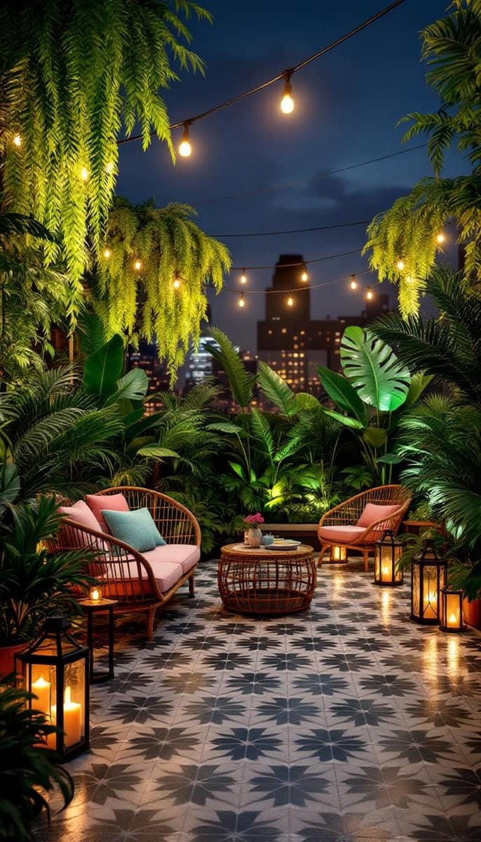 plant-filled urban jungle with hanging ferns and geometric tile flooring 1