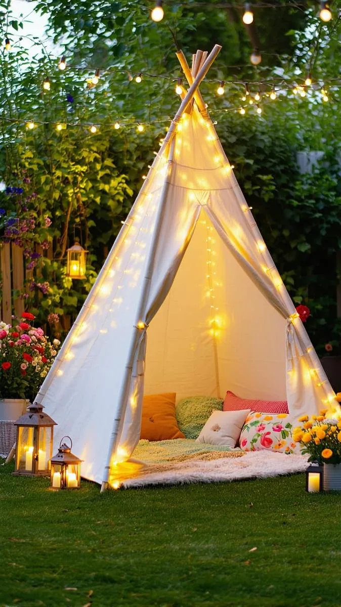 playful backyard teepee draped in fairy lights for kids or adults 1