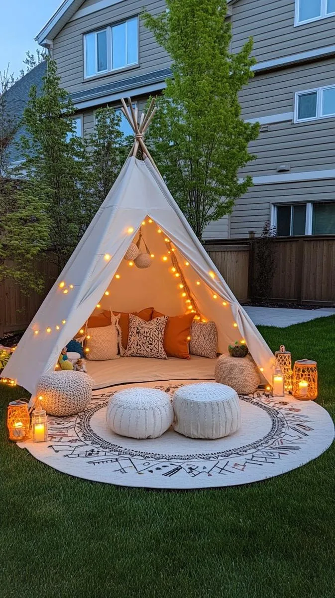 playful backyard teepee draped in fairy lights for kids or adults 1