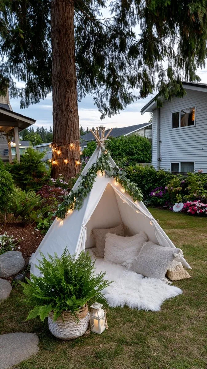 playful backyard teepee draped in fairy lights for kids or adults 1