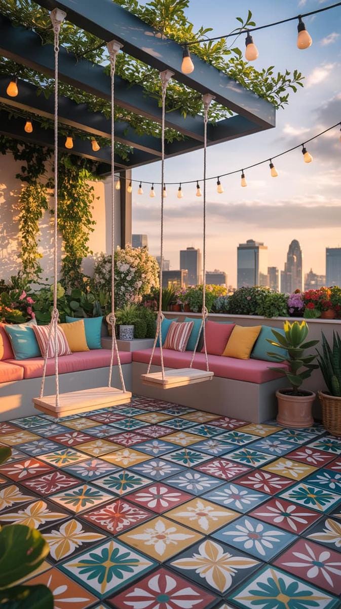 playful terrace with built-in swings and vibrant patterned tiles 1