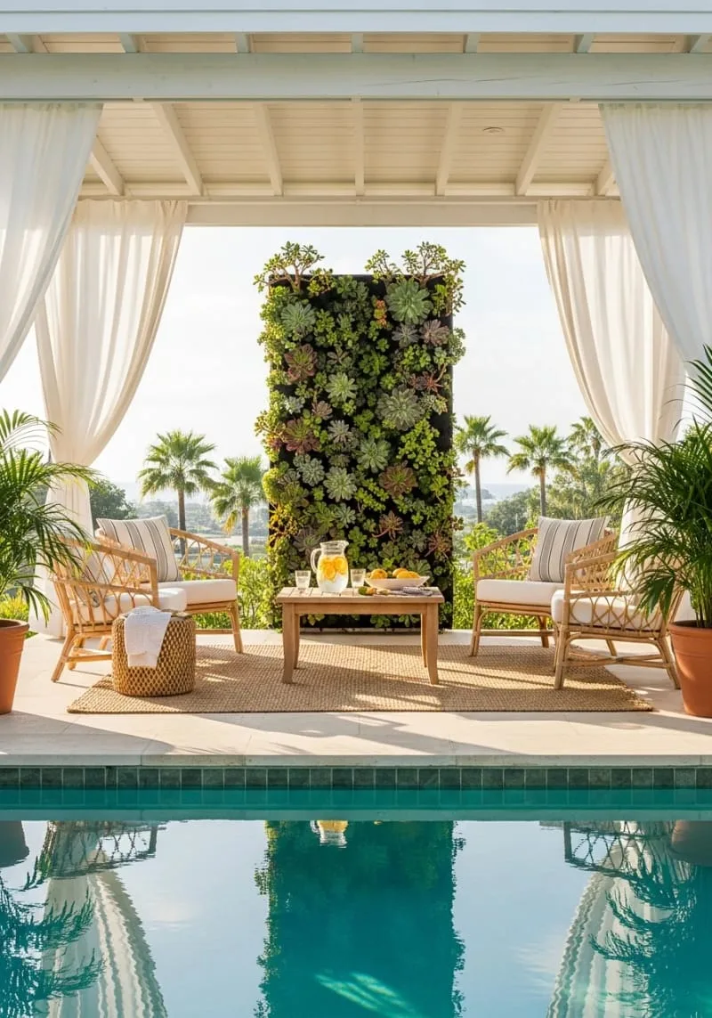 pool cabana with a vertical succulent garden wall for fresh ambiance 1