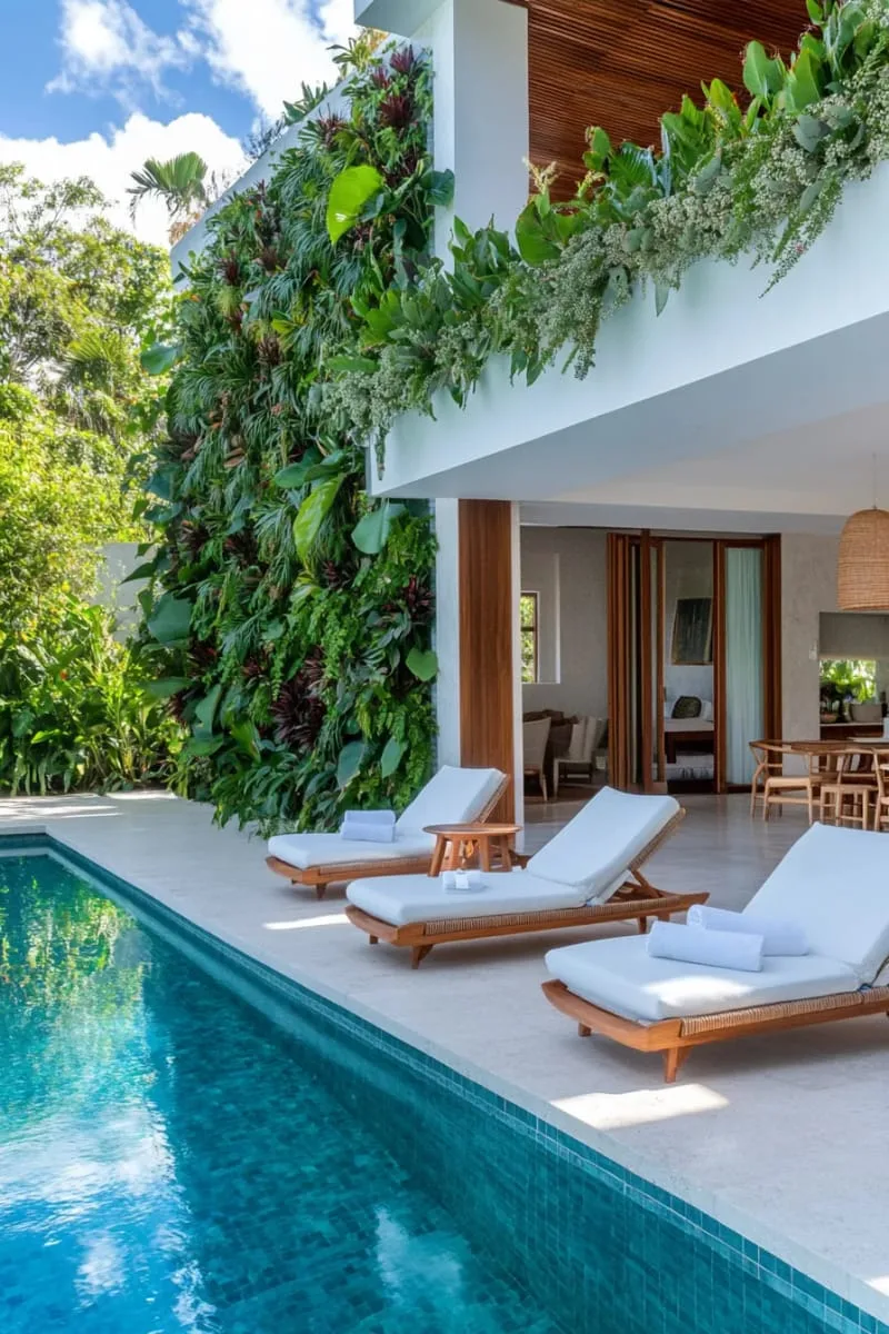 pool cabana with a vertical succulent garden wall for fresh ambiance 1