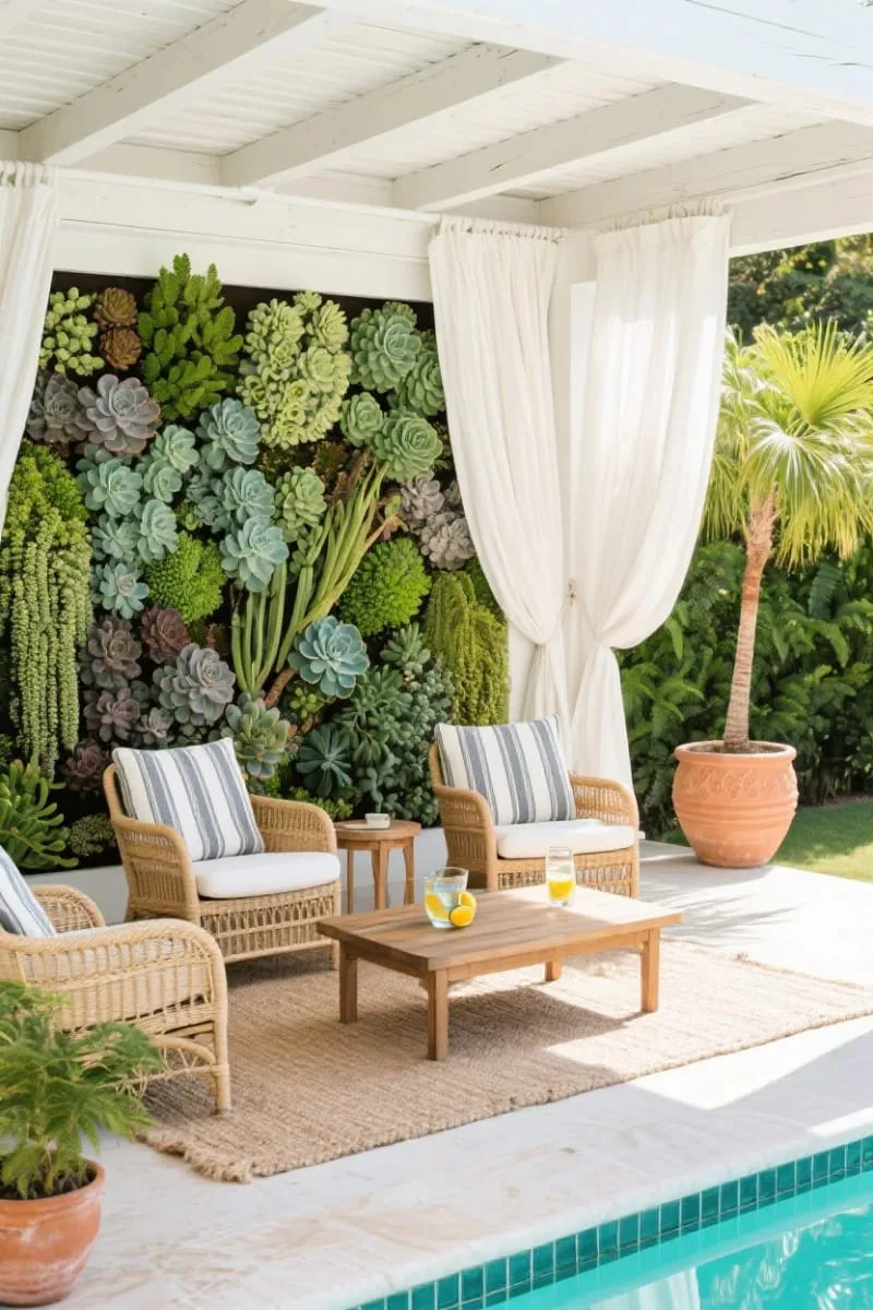 pool cabana with a vertical succulent garden wall for fresh ambiance 1
