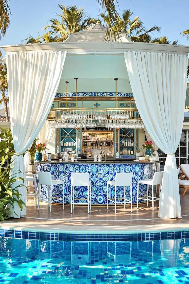 poolside cabana bar with mosaic tile counter and hanging glassware 1
