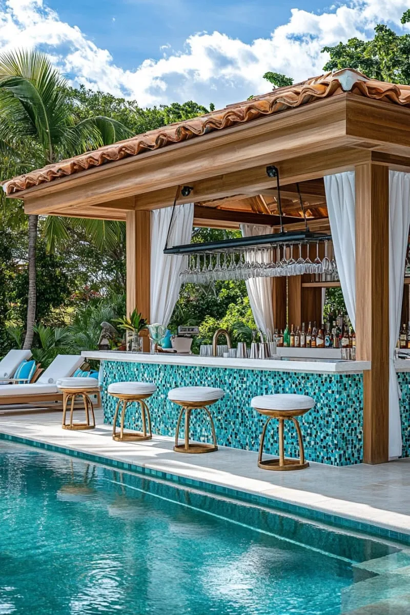 poolside cabana bar with mosaic tile counter and hanging glassware 1