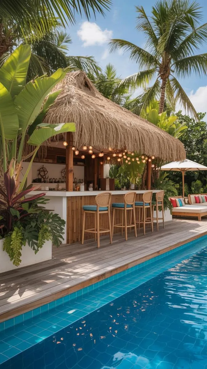 poolside deck with tropical planters and outdoor tiki bar 1
