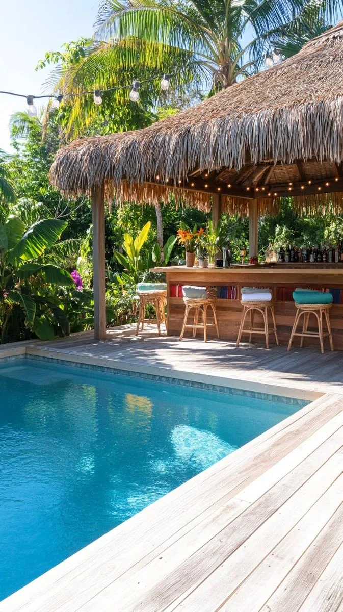 poolside deck with tropical planters and outdoor tiki bar 1