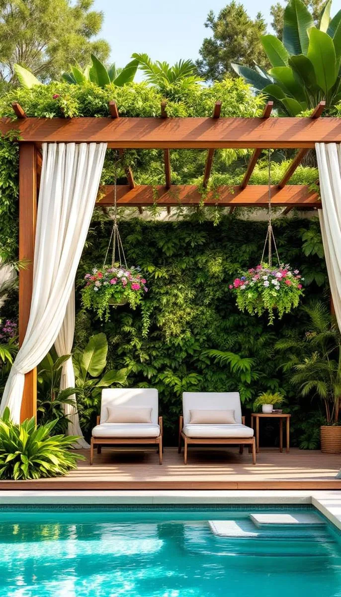 poolside pergola with hanging planters and a living green wall backdrop 1 poolside pergola with hanging planters and a living green wall backdrop 1