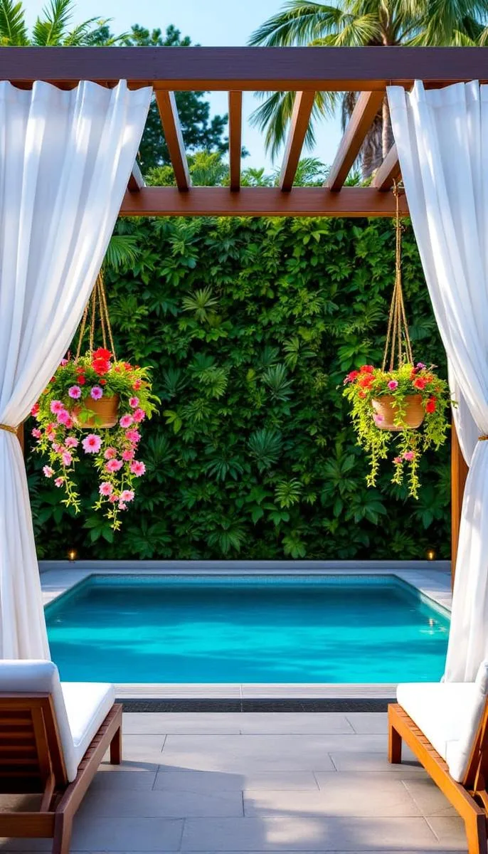poolside pergola with hanging planters and a living green wall backdrop 1 poolside pergola with hanging planters and a living green wall backdrop 1
