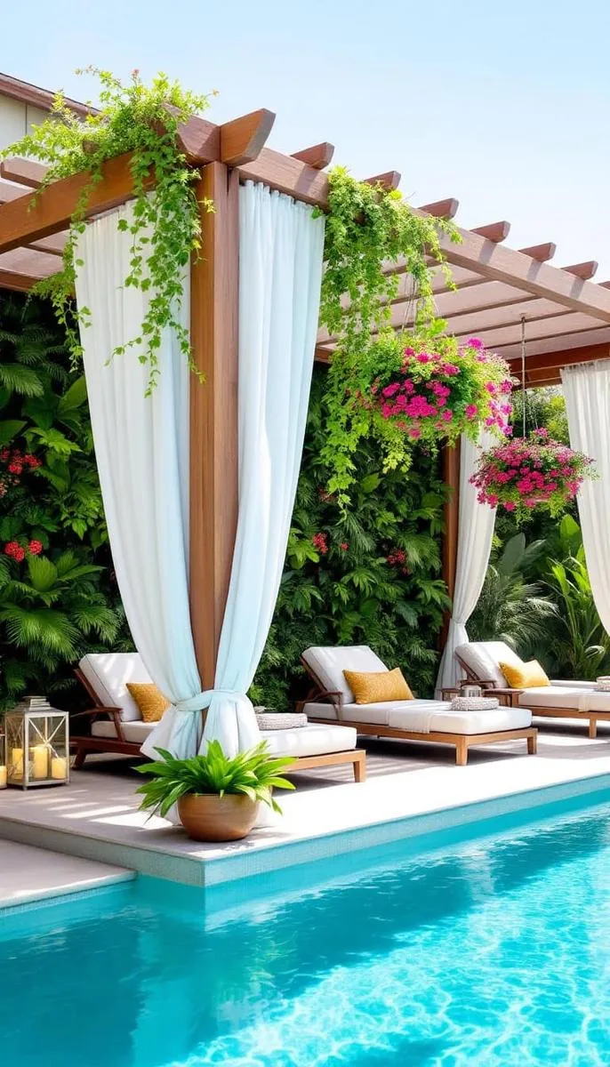 poolside pergola with hanging planters and a living green wall backdrop 1 poolside pergola with hanging planters and a living green wall backdrop 1