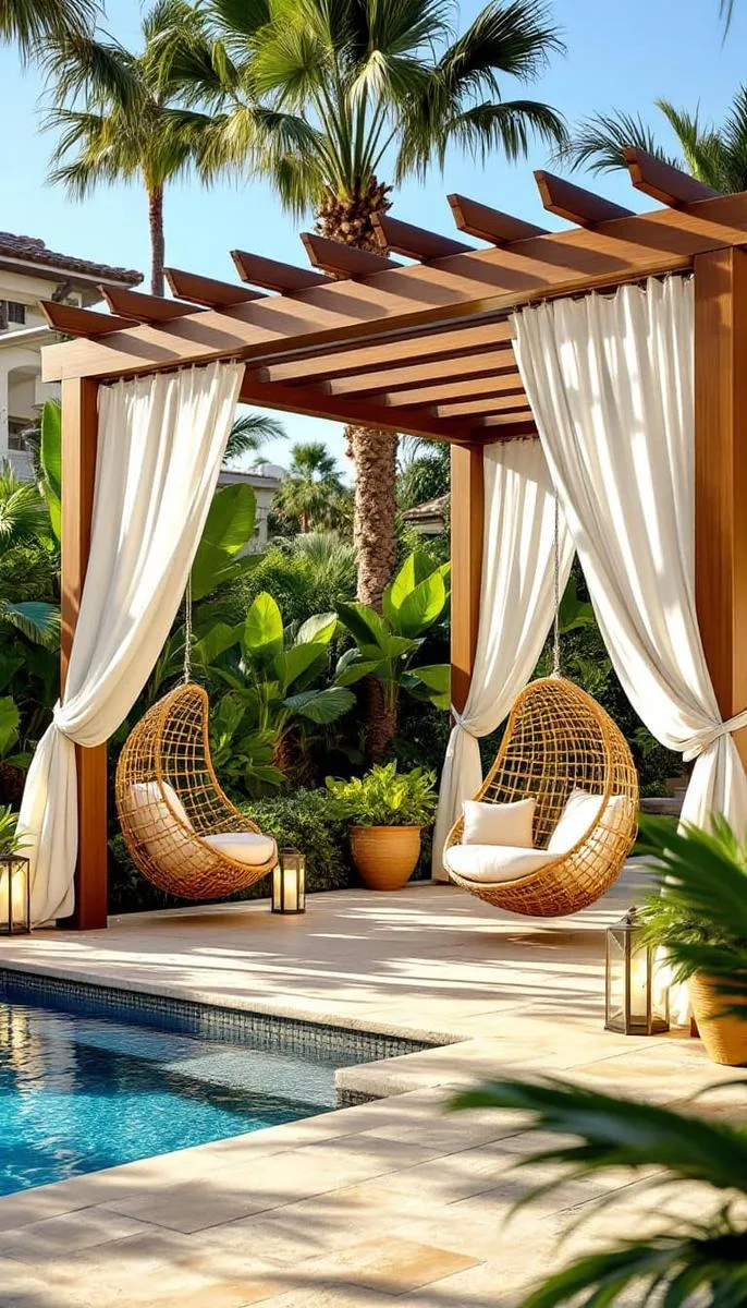 poolside pergola with suspended rattan egg chairs and tropical palm decor 1 poolside pergola with suspended rattan egg chairs and tropical palm decor 1