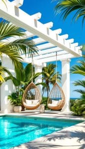 poolside pergola with suspended rattan egg chairs and tropical palm decor 30
