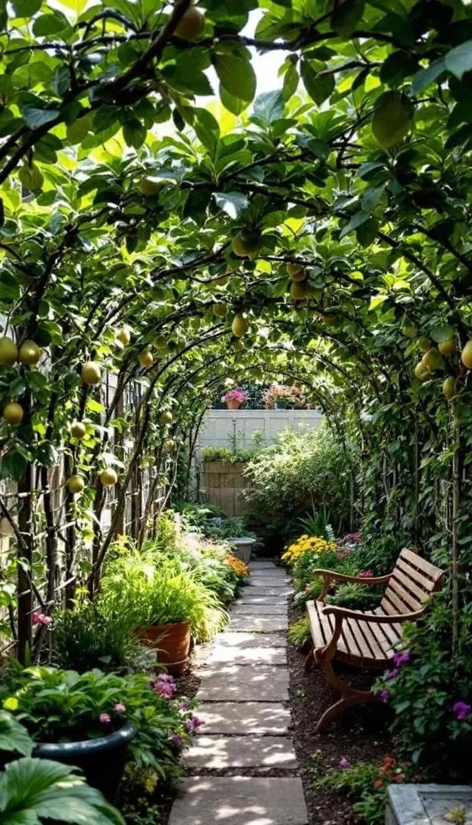 privacy screen made with espaliered fruit trees 1
