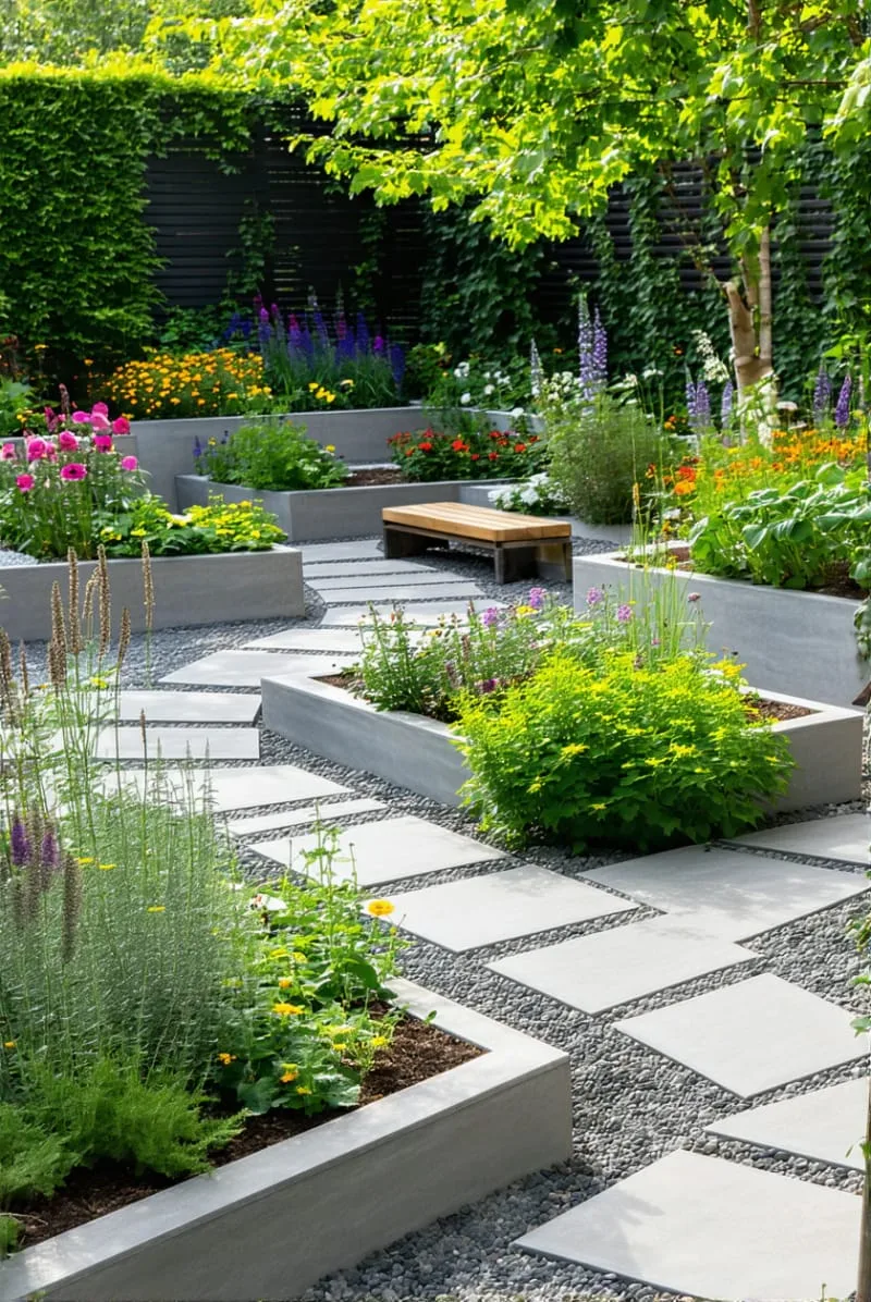 15 Unique Concrete Backyard Ideas for Creative Outdoor Style 20 raised concrete garden beds layered with vibrant perennials and edible herbs 1
