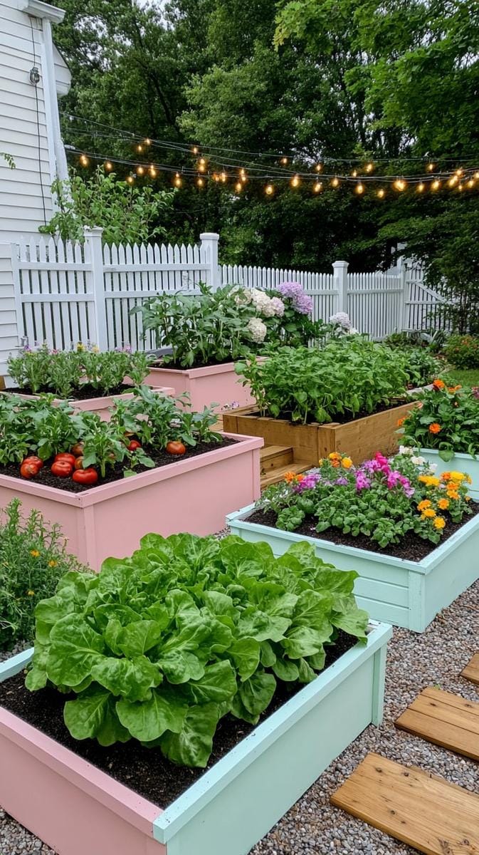 raised vegetable beds painted in pastel tones 1