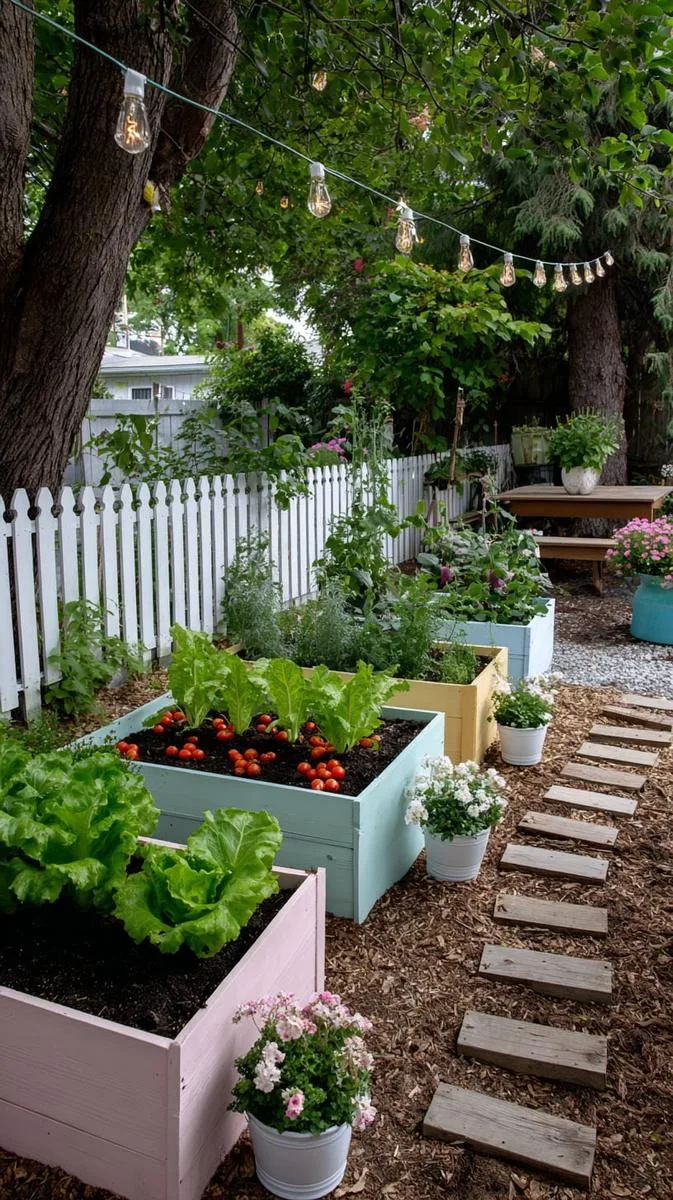 raised vegetable beds painted in pastel tones 1
