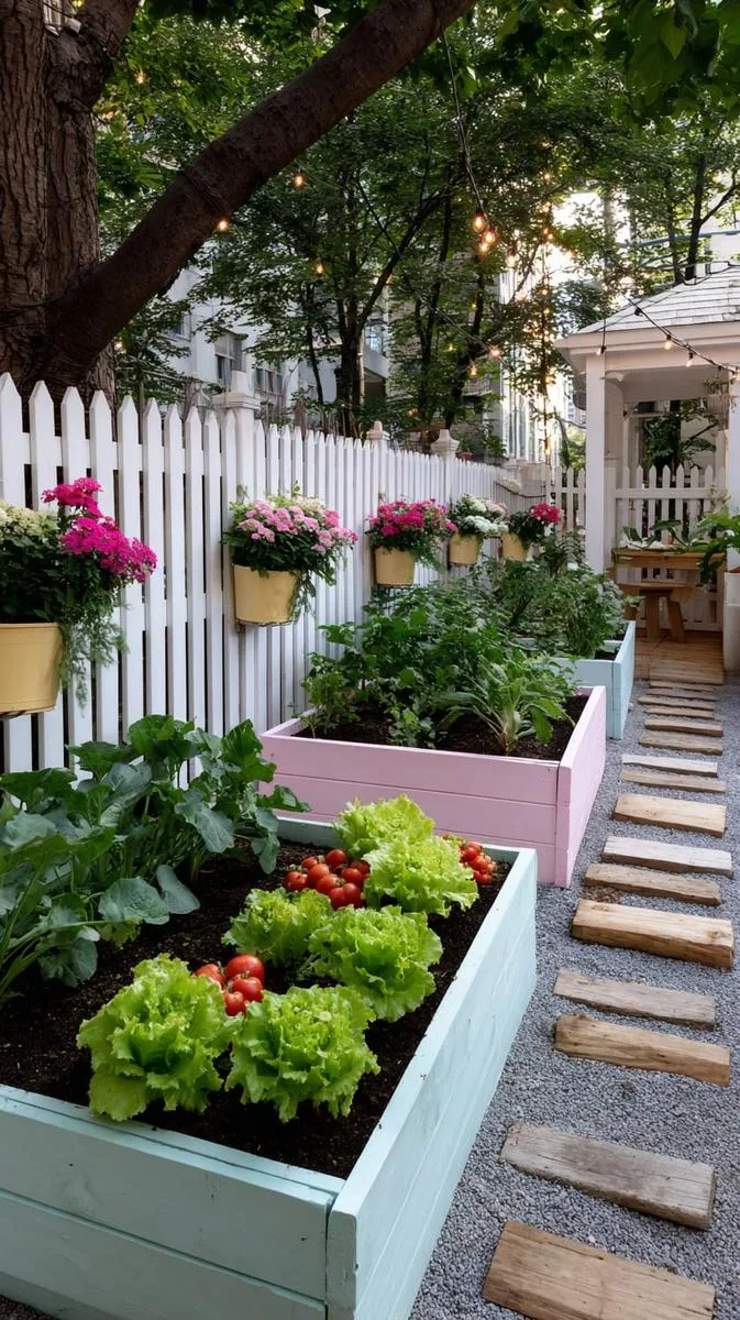 raised vegetable beds painted in pastel tones 1