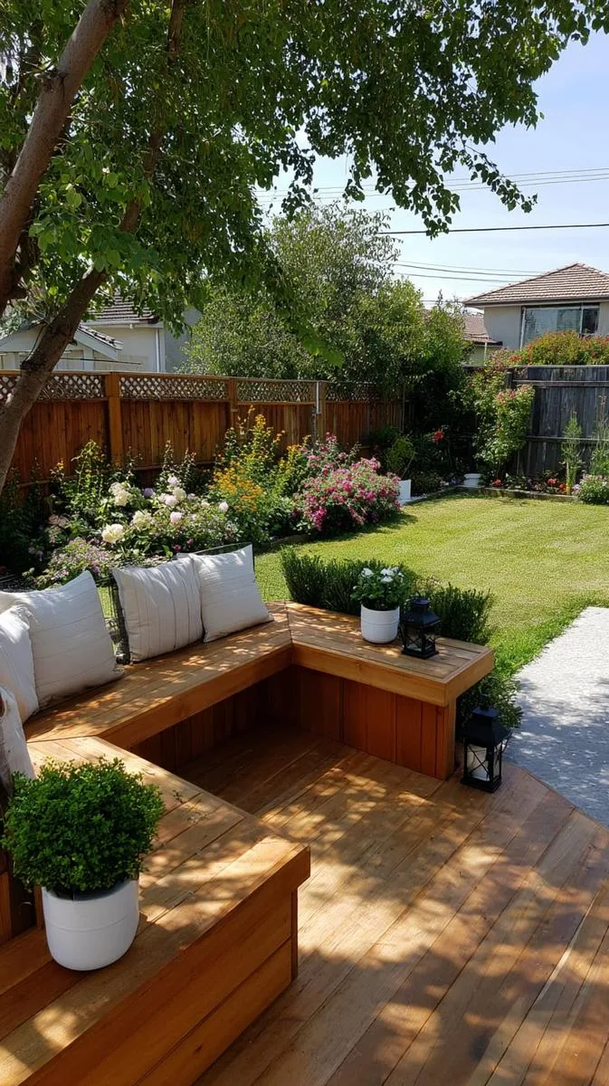 15 Smaller Backyard Landscaping Ideas That Maximize Space & Style 18 raised wooden deck with built-in bench 1