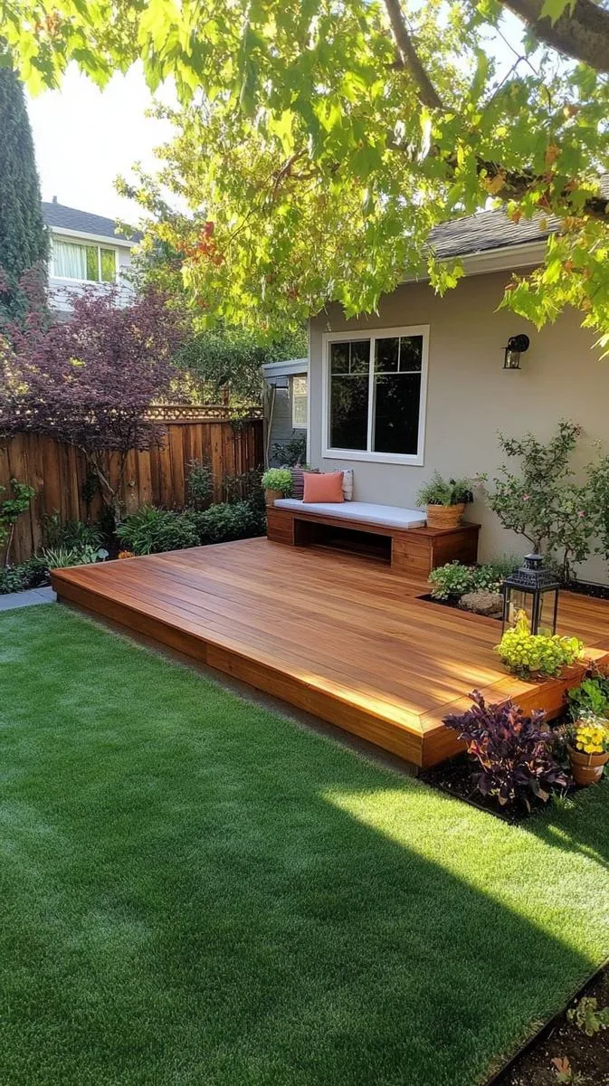 15 Smaller Backyard Landscaping Ideas That Maximize Space & Style 19 raised wooden deck with built-in bench 1