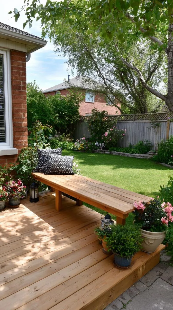 15 Smaller Backyard Landscaping Ideas That Maximize Space & Style 20 raised wooden deck with built-in bench 1