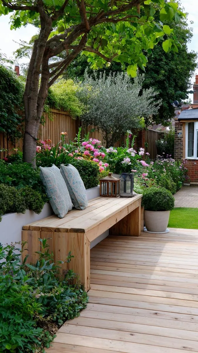 15 Smaller Backyard Landscaping Ideas That Maximize Space & Style 21 raised wooden deck with built-in bench 1
