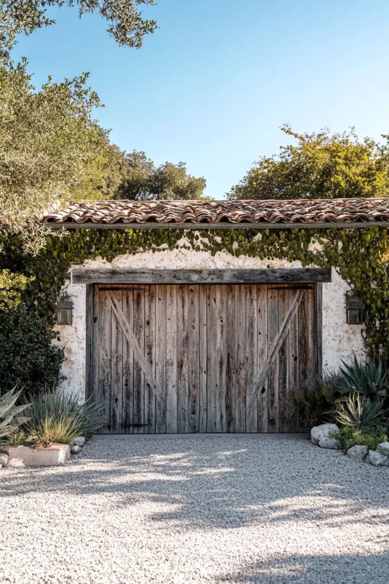 reclaimed barn wood garage doors set against a minimalist ranch exterior 1