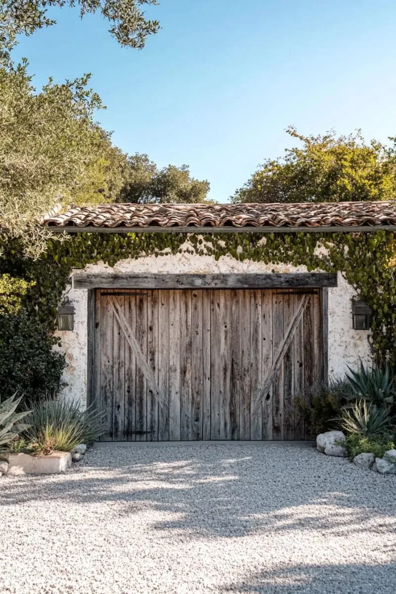 19 Ranch Style Home Exteriors to Inspire Your Next Makeover 49 reclaimed barn wood garage doors set against a minimalist ranch exterior 1